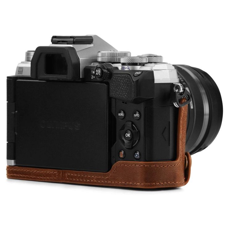 a camera with a leather case on it