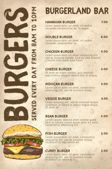 a menu for burgers with prices on it