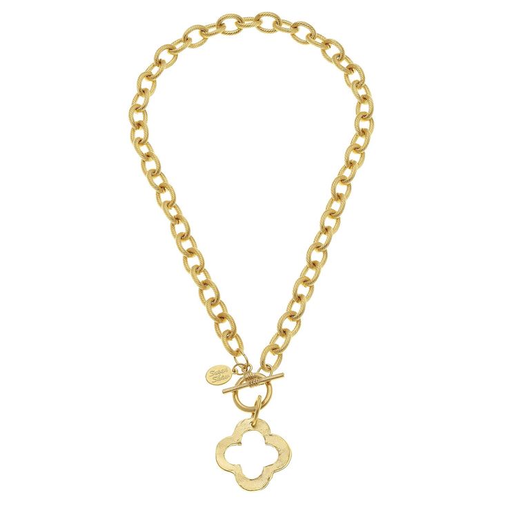 Open Clover Charm on Chain Necklace Available in 16 inch or 20 inch long chain Toggle Clasp Available in Handcast 24Kt Gold or Sterling Silver Plating Handmade in San Antonio, TX Chunky Gold Jewelry, Susan Shaw, Clover Charm, Toggle Necklace, Toggle Bracelet, 24kt Gold, Pearl Pendant Necklace, San Antonio Tx, Style Necklace