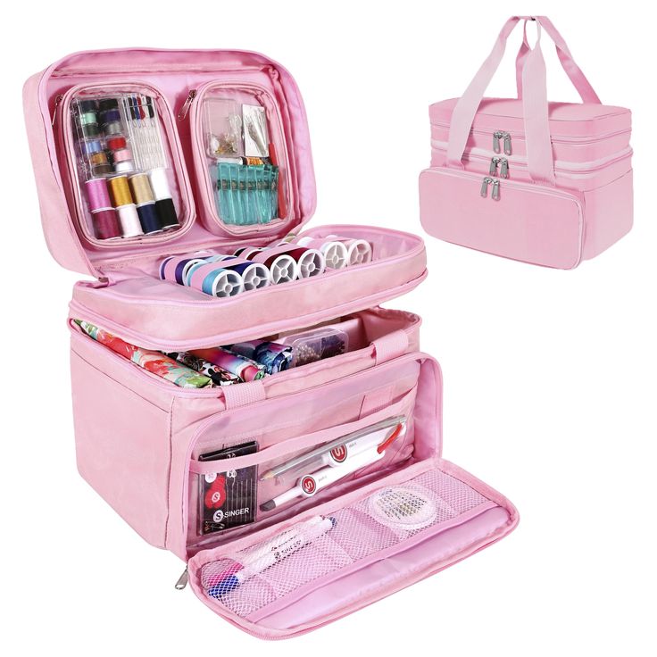 an open pink cosmetic bag with various items inside