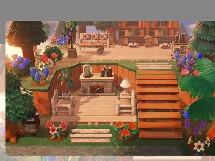 a painting of a house in the middle of some trees and flowers with stairs leading up to it