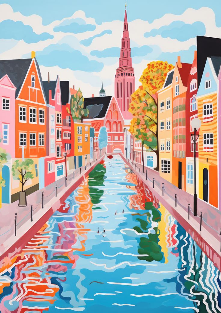 a painting of a river running through a city