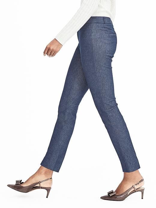 Sloan-Fit Skinny Ankle Pant Fitted Straight Bottoms For Office, Straight Fitted Office Bottoms, Elegant Fitted Ankle-length Jeans, Fitted Mid-rise Pull-on Dress Pants, Business Casual Stretch Straight Jeans, Stretch Straight Jeans For Business Casual, Versatile Fitted Jeans With Tapered Leg, Versatile Fitted Tapered Leg Jeans, Modern Fitted Straight Bottoms