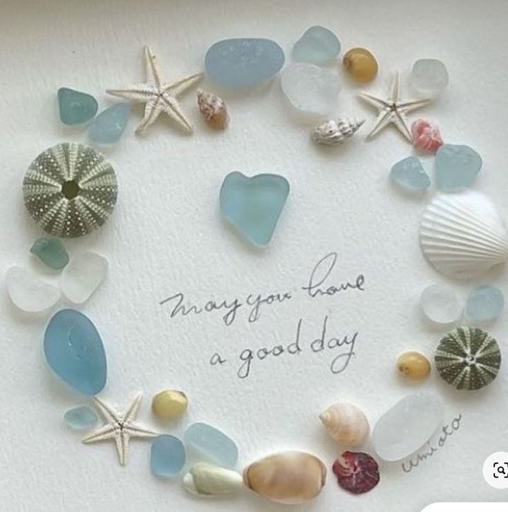 there are many different sea glass pieces arranged in a circle on the white background with words written below