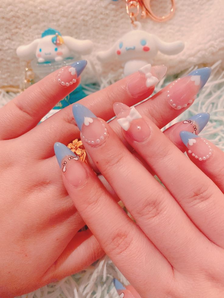 cinnamoroll inspired nails Cute Aesthetic French Tip Nails, Cute Sanrio Nail Ideas, Sanrio Nails Ideas, Kawaii French Nails, Kawaii Nails Acrylic Almond, Cinnamon Roll Inspired Nails, Sanrio Nails Simple Short, Cute Nail Designs Sanrio, Sanrio French Tip Nails