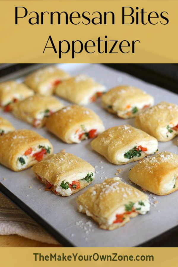 homemade parmesan bites appetizer on a baking sheet with text overlay