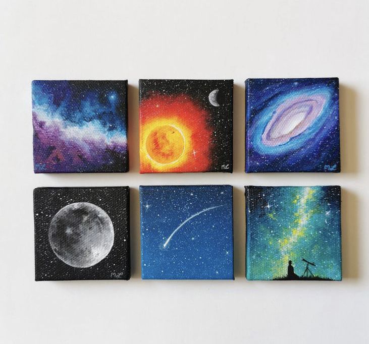 four square paintings with different images of the moon and stars on them, all painted in acrylic paint