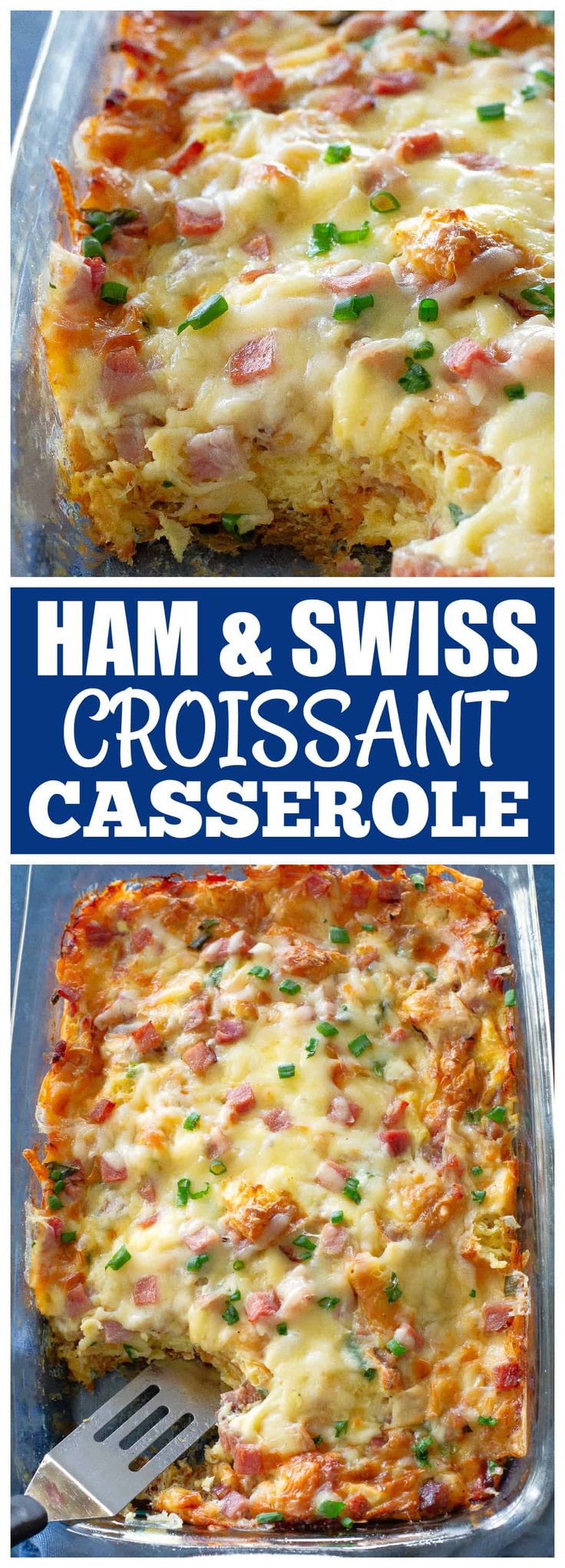 ham and swiss croissant casserole is shown in two different pans