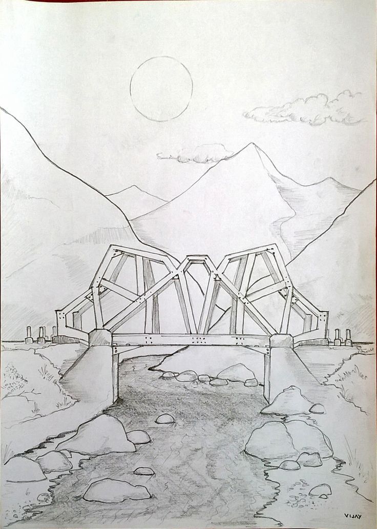 a drawing of a bridge in the mountains