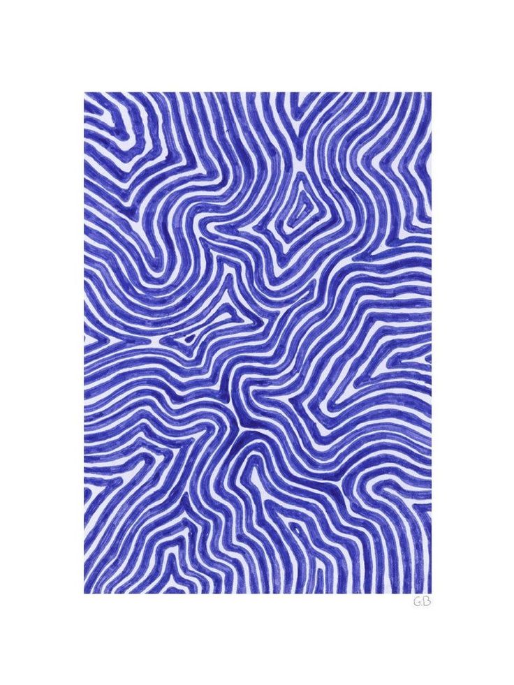 an abstract blue and white painting with wavy lines