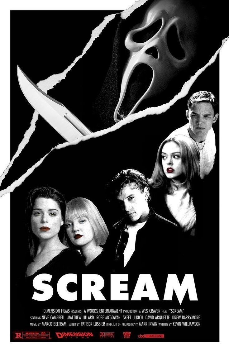 a movie poster with the words scream on it and two people holding scissors in front of them