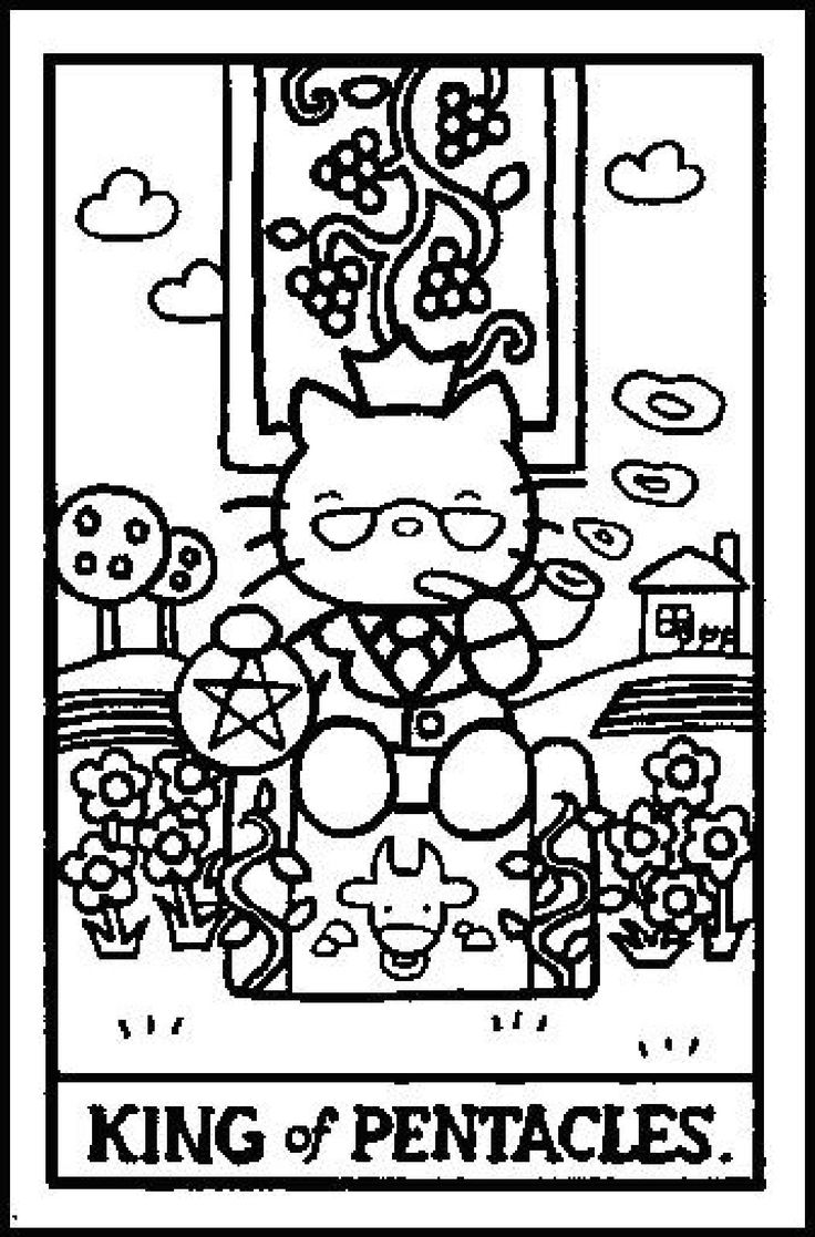 a black and white drawing of a cat sitting in front of a window with the words king of pentacles