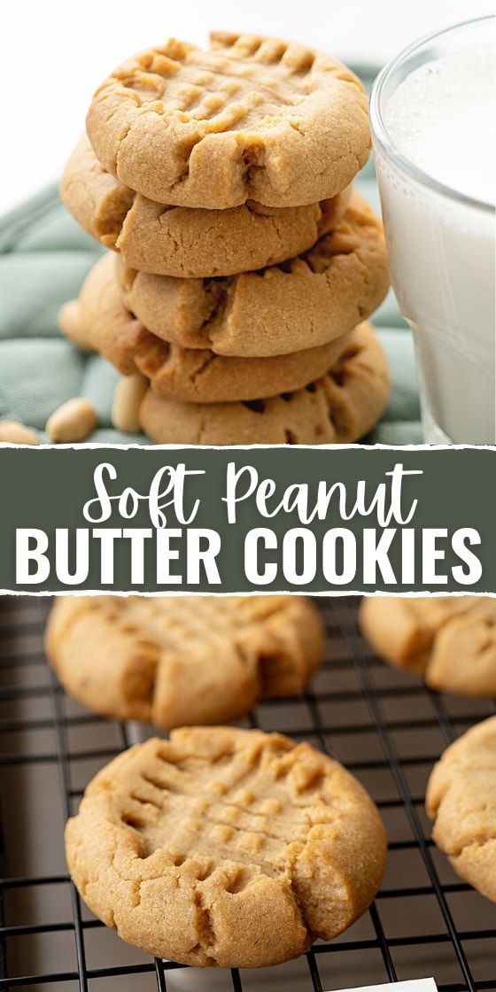 soft peanut butter cookies stacked on top of each other next to a glass of milk