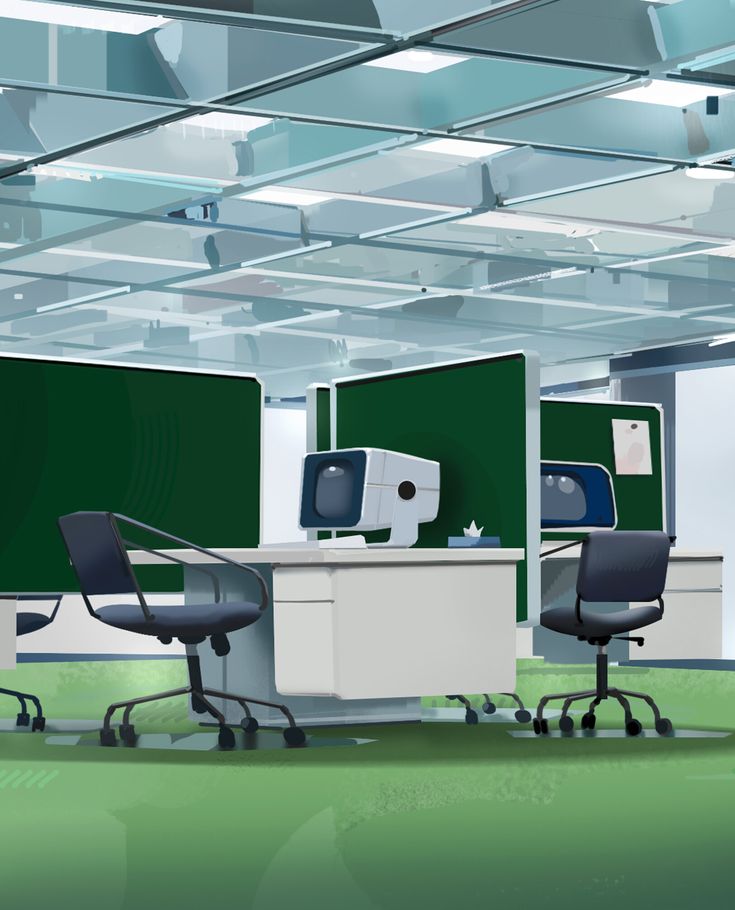 an office cubicle with two computer screens on the wall and three chairs in front of them