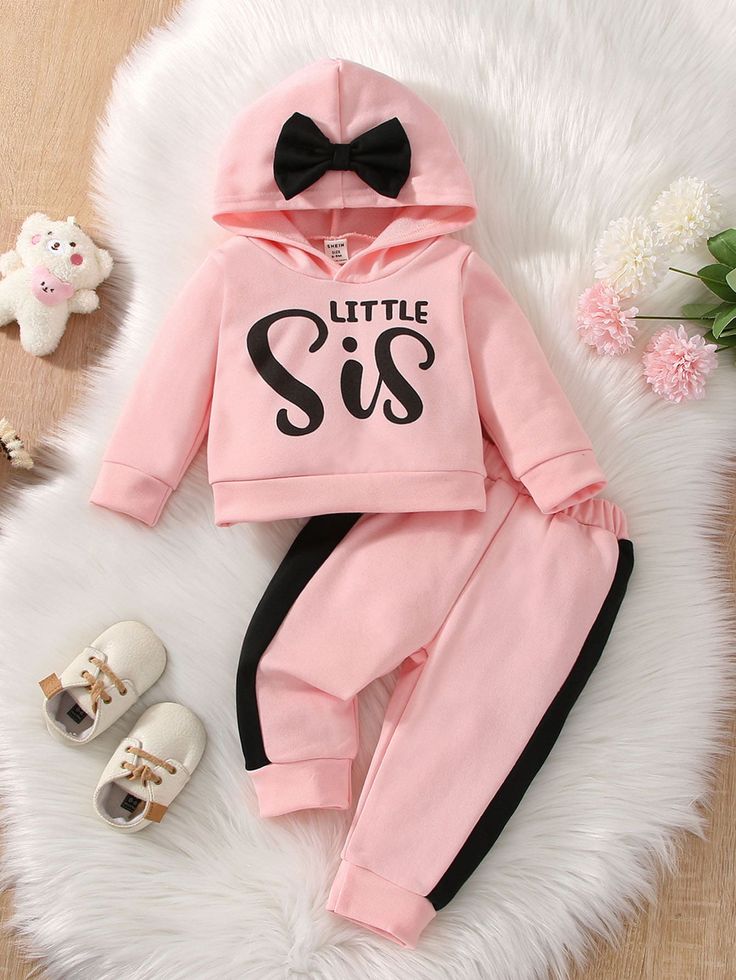 Baby Letter Graphic Bow Detail Hoodie & Contrast Side Seam Joggers Baby Pink   Long Sleeve  Colorblock,Letter  Non-Stretch  Baby Girls Clothing, size features are:Bust: ,Length: ,Sleeve Length: Big Sister Little Sister, Toddler Girl Outfit, Girls Fall Outfits, Baby Rompers, Top And Pants Set