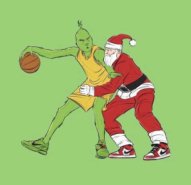 an image of two people playing basketball on a green background with santa and the grin