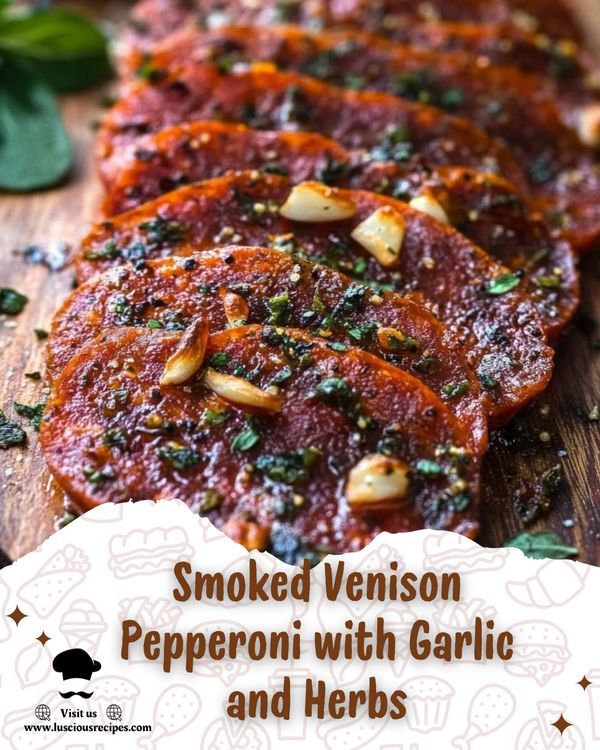 smoked venison pepperoni with garlic and herbs on a wooden cutting board, text reads smoked venison pepperoni with garlic and herbs