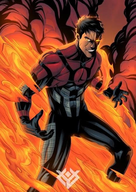 a man in black and red suit standing on fire with his hands out to the side