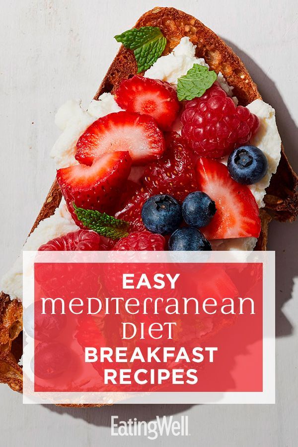 a piece of toast with berries and whipped cream on top, next to the words easy mediterranean diet breakfast recipes