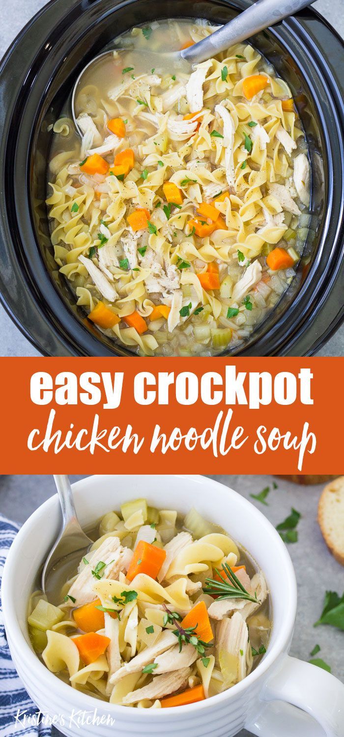 this easy crockpot chicken noodle soup is made in the slow cooker