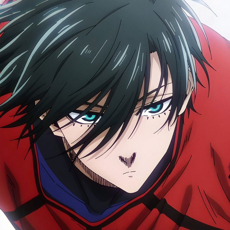 an anime character with black hair and blue eyes looking at the camera while wearing a red jacket