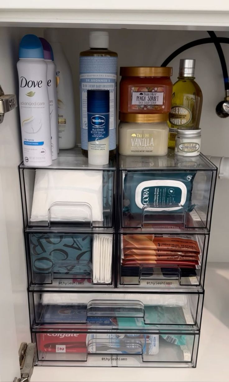 an organized bathroom cabinet filled with toiletries and hygiene products