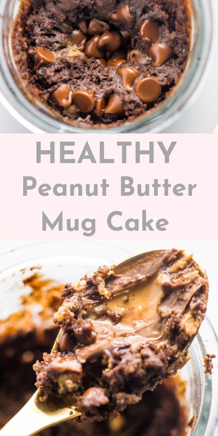 chocolate peanut butter mug cake with a golden spoon Mug Cake Chocolate Peanut Butter, Peanut Butter Chocolate Breakfast, Healthy Peanut Butter Mug Cake, Healthy Breakfast In A Mug, Healthy Chocolate Desserts For One, Mug Healthy Cake, Breakfast Mug Cake Healthy, Healthy Desserts In A Mug, Healthy Breakfast Mug Cake