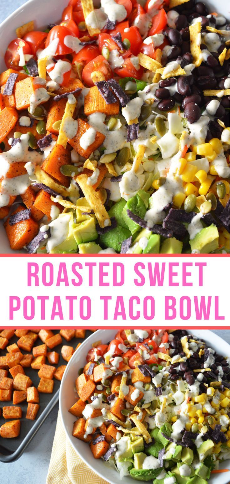 Roasted Sweet Potato Taco Bowls Sweet Potato Tacos Bowls, Sweet Potato Bowl Meal Prep, Sweet Potato Lunch Bowl, Healthy Meal Prep Sweet Potato, Sweet Potato Recipes Snacks, Southwest Sweet Potato Bowl, Supper Ideas With Sweet Potatoes, Black Bean And Sweet Potato Bowl, Gluten Free Taco Bowls