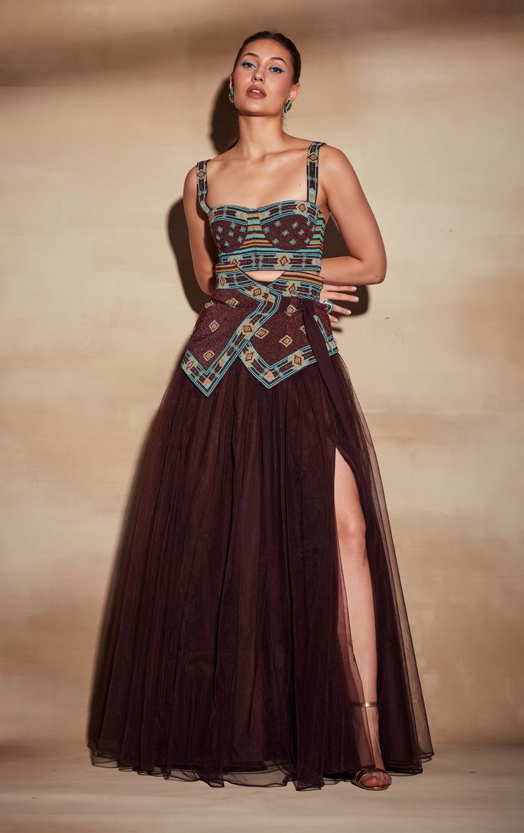 Nikita Mhaisalkar-Chocolate Brown Tulle Skirt-INDIASPOPUP.COM Brown Chaniya Choli For Navratri, Brown Chaniya Choli, Brown Tulle Skirt, Gorgeous Lehengas, Fusion Dress, Indian Closet, Beaded Crop Top, Navratri Dress, Bridesmaid Saree