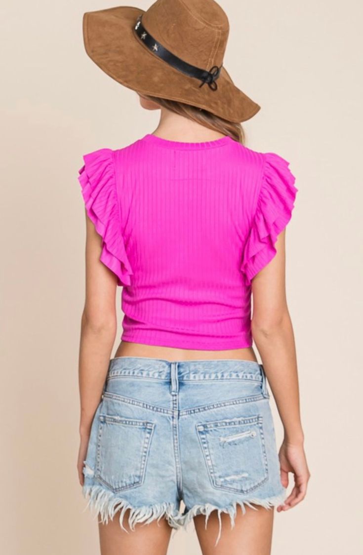 This cute top pairs perfectly with any of our High Waisted Denim & our Favorite Riviera Heel to dress her up! High Waisted Shorts or some Joggers & Flats for a casual day out on the town! Fuchsia Yellow Crop Solid Colors Ruffle Sleeve Detail Crew Neck Ribbed Material Delicate Wash, Hang Dry Fabric: 95% Cotton, 5% Spandex Ruffle Sleeve Top, Baby Yellow, Small Baby, Ruffled Sleeve Top, Cute Top, Sleeve Detail, High Waisted Denim, Cute Tops, 2 Colours