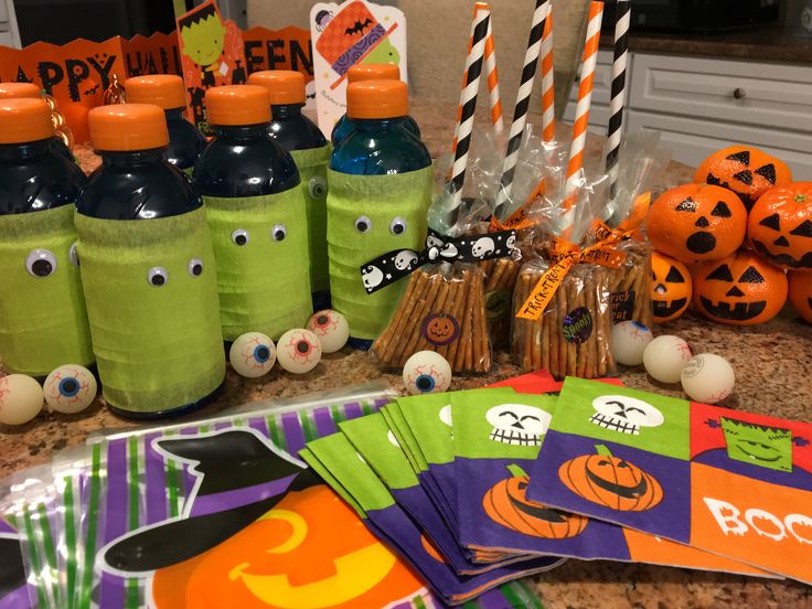 halloween themed party supplies on a kitchen counter