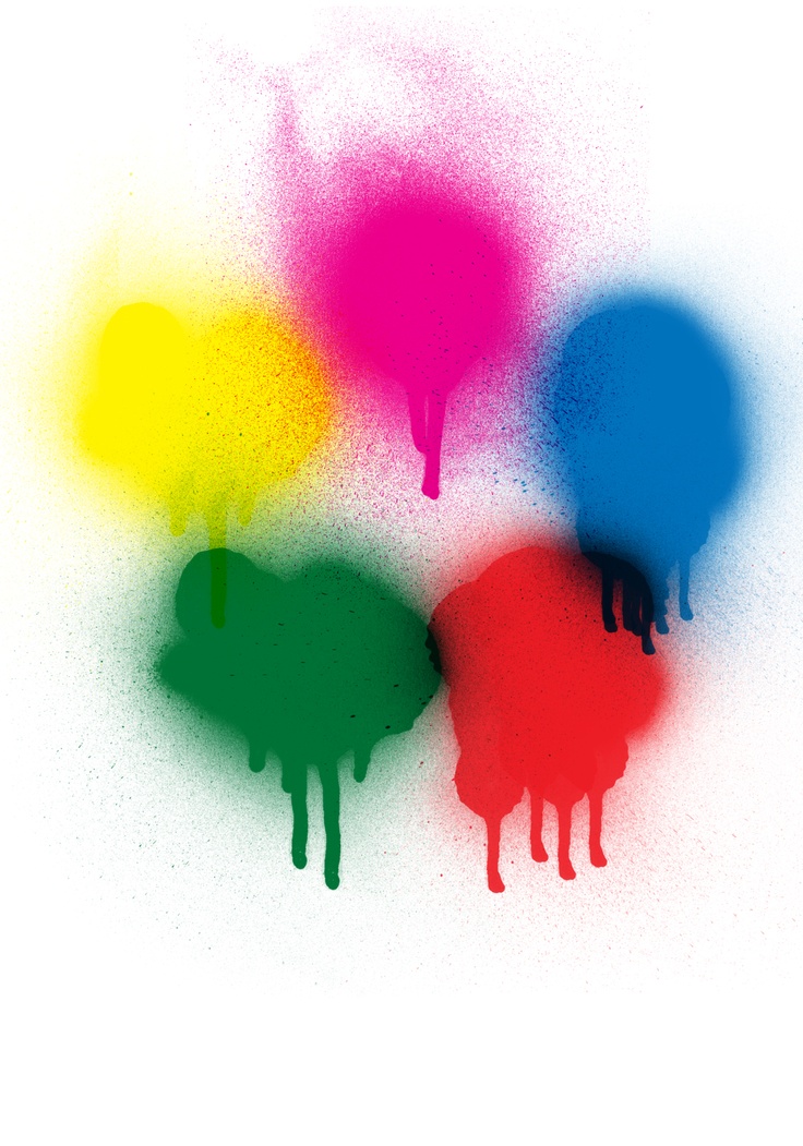 three different colors of paint splattered on a white surface