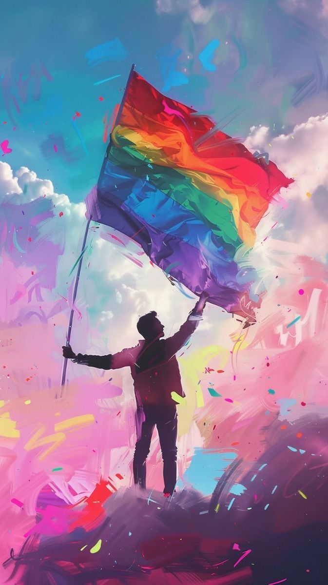 a man holding a rainbow flag on top of a cloud filled sky in the air