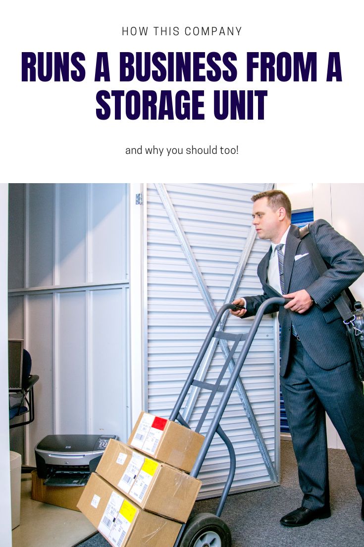 a man pushing a hand truck with boxes on it and the words runs a business from a storage unit