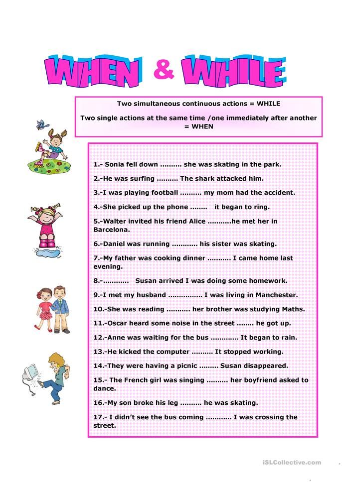 a pink and blue poster with words that say when and while