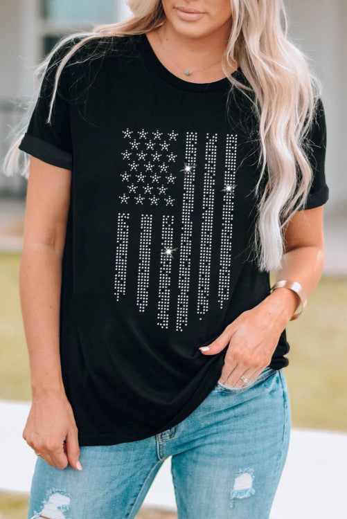 Black Bling American Flag Tee – Just Your Average Gal Graphic Style, Round Neck Tees, Summer Events, Stars And Stripes, Knit Tees, Flag Design, Shiny Silver, Basic Style, Affordable Fashion