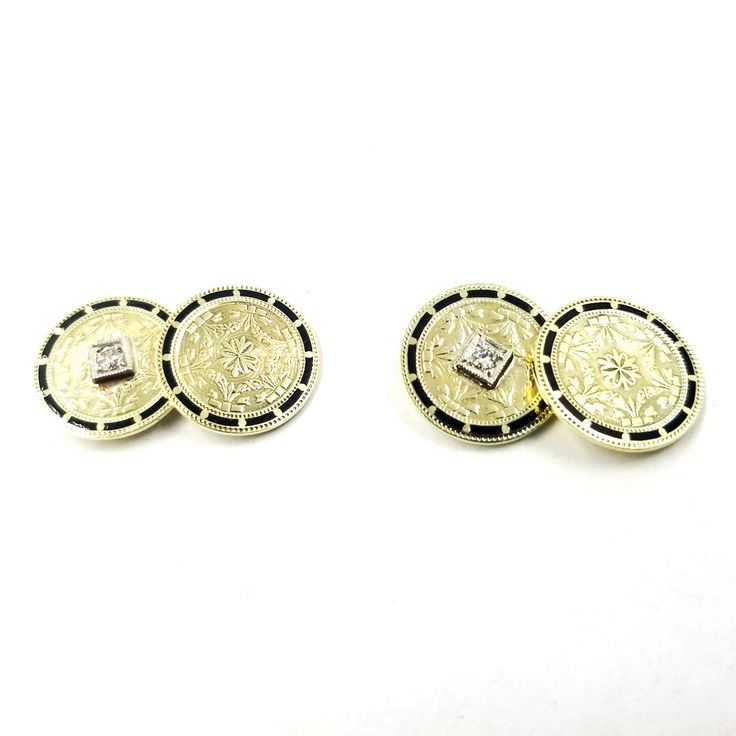 These diamond and enamel cufflinks are crafted in 14 Karat yellow gold. They include 2 round diamonds of VS clarity and H color totaling approximately 0.14 Carats. Formal Diamond Jewelry With Black Enamel, Formal Jewelry With Black Enamel And Diamond, Formal Black Enamel Diamond Jewelry, Elegant Round Diamond Cufflinks, Luxury Enamel Earrings For Formal Occasions, Luxury Formal Enamel Earrings, Classic Diamond Cufflinks With Polished Finish, Classic Yellow Gold Round Cufflinks, Classic Diamond Cufflinks For Anniversary