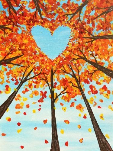 an acrylic painting of two trees in the shape of a heart with leaves falling from them