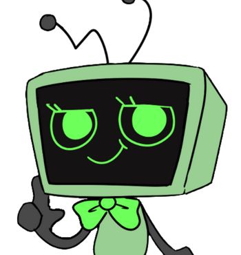 a green cartoon character holding up a small tv with eyes and hands on it's face