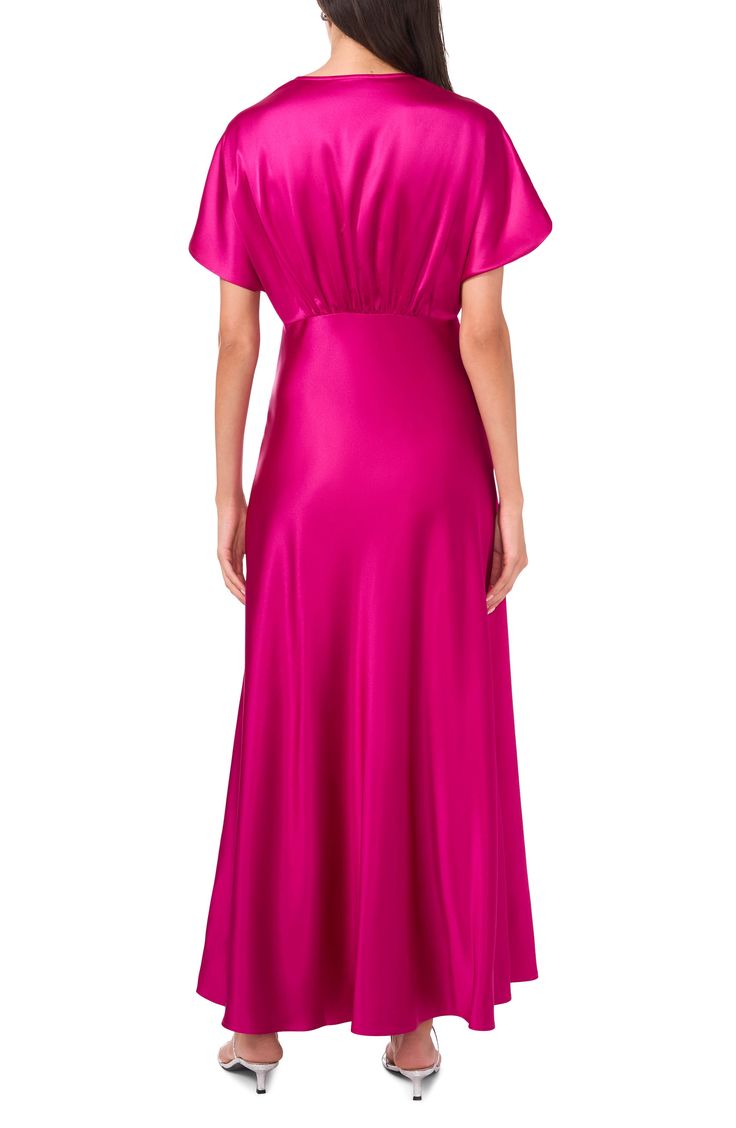 Shirred details and fluttering sleeves add to the enchantment of a satin party dress drenched in an eye-popping hue. 57 1/2" length (size 8) Hidden side-zip closure Deep V-neck Short sleeves Unlined 97% polyester, 2% spandex, 1% other fibers Hand wash, line dry Imported A-line Party Dress With Bias Cut, Pink A-line Satin Dress For Evening, Pink Bias Cut Midi Dress For Evening, Glamorous Short Sleeve Maxi Dress For Gala, Silk Evening Dress With Flutter Sleeves, Pink Satin Midi Dress For Evening, Glamorous Short Sleeve Midi Dress For Formal Occasions, Glamorous Short Sleeve Midi Dress For Formal Events, Elegant Party Dresses With Butterfly Sleeves