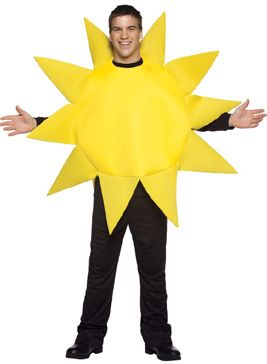 a man in a yellow sun costume with his hands out