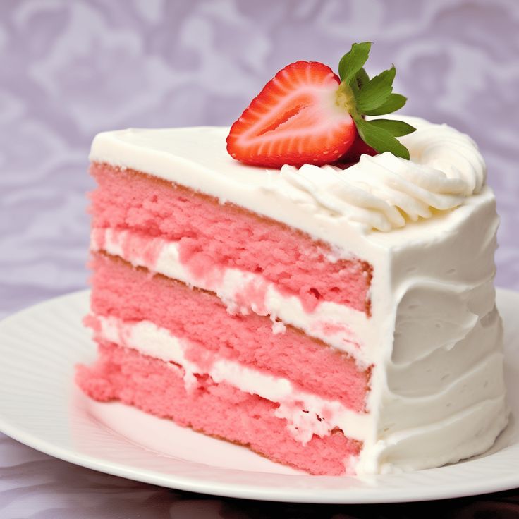 a slice of strawberry cake with white frosting and a strawberry on top, sitting on a plate