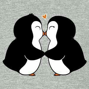 two penguins with hearts in their beaks on a gray background, one is kissing the other