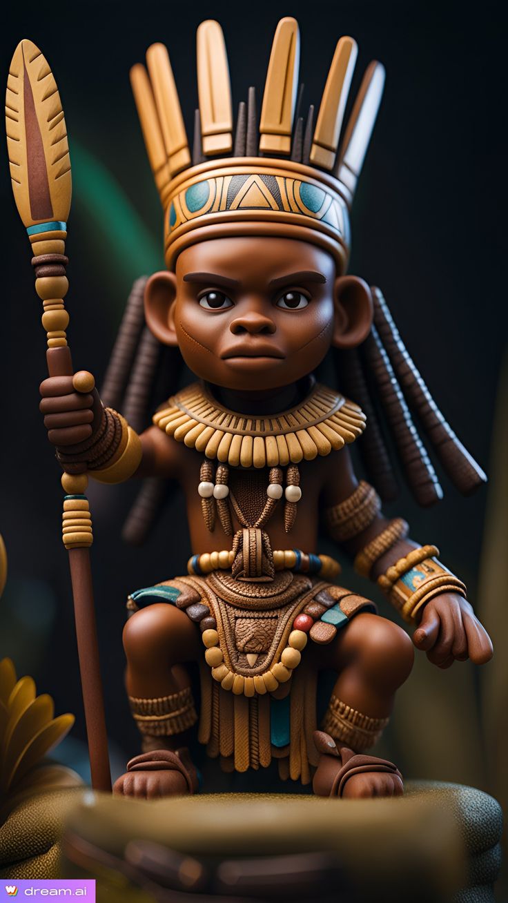 a small figurine is sitting on the ground holding a spear and wearing an elaborate headdress