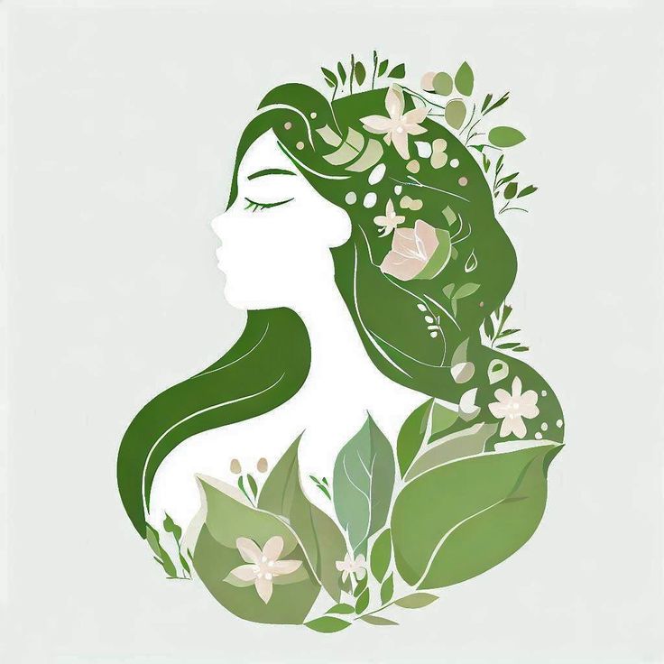 a woman's face with leaves and flowers on her head, in green tones