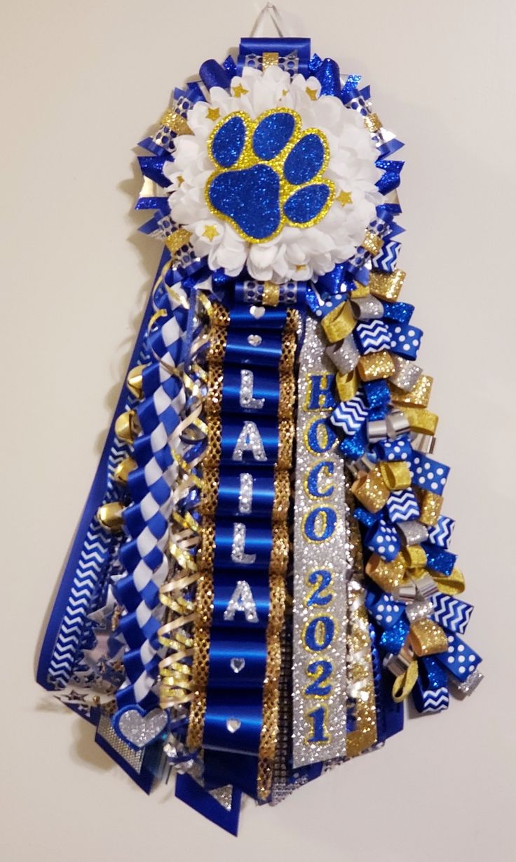 Custom Homecoming Mum - Blue, Gold & Silver Homecoming Jeans Ideas, Big Homecoming Mums, Unique Homecoming Mums, Texas Mums, Homecoming Mums Senior, Mums Homecoming Small, Homecoming Corsage, Texas Homecoming Mums, Homecoming Freshman