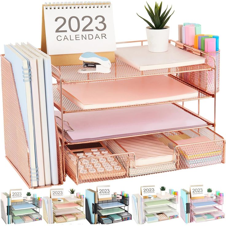 the desk organizer is organized and ready to be used as a calendar, file folders, and more