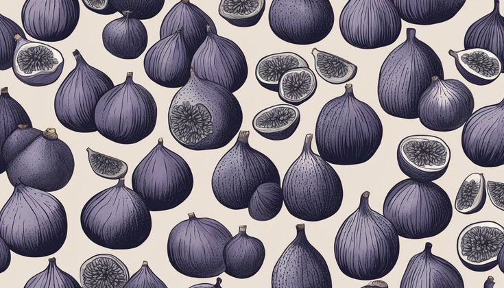 an illustration of figs and other fruits on a white background with purple inking