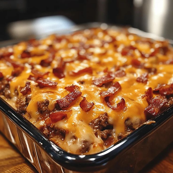 a casserole dish with cheese and bacon in it sitting on a wooden table