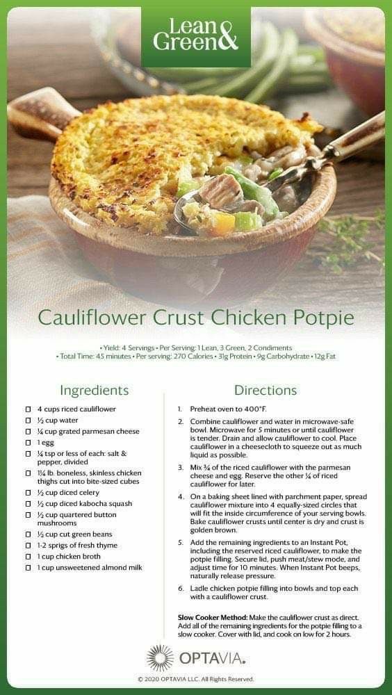 a brochure for a restaurant called cauliflower crust chicken pot pie with ingredients